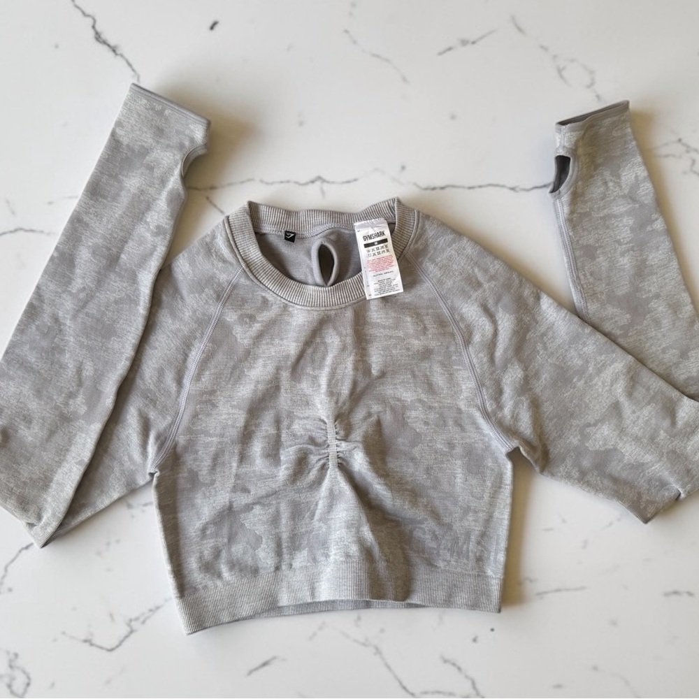 Gymshark Light Gray Camo Long Sleeve Crop Top